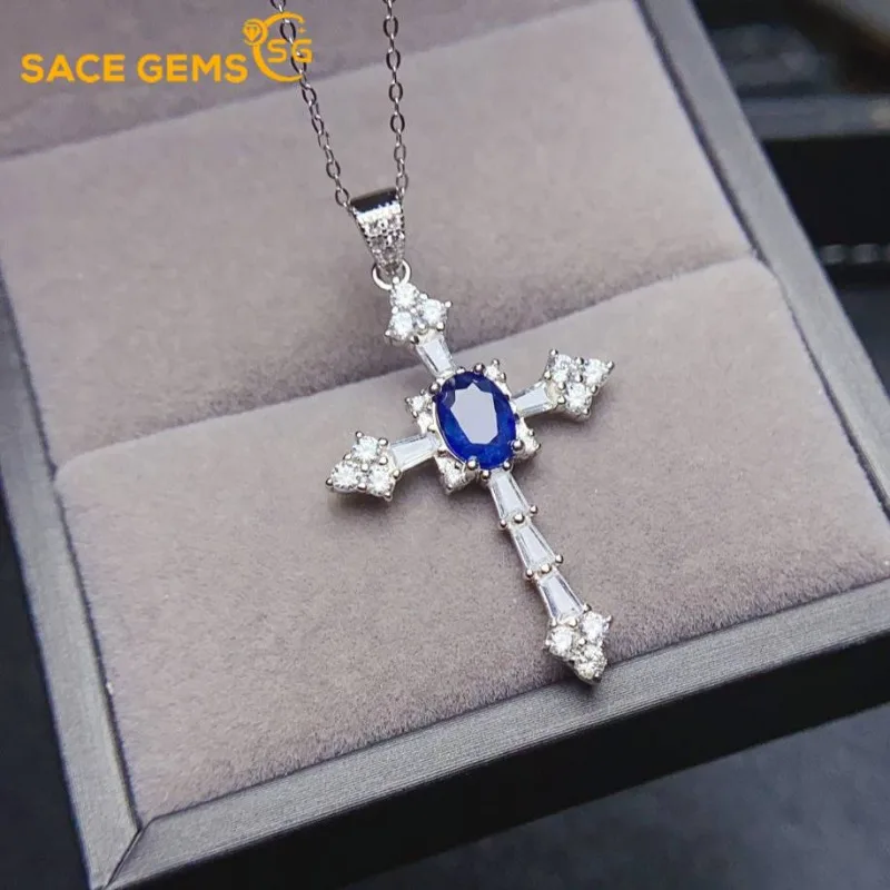 

SACE GEMS 925 Sterling Silver Certified 5*7MM Natual Sapphire Pendant Necklaces for Womne Engagement Cocktail Party Fine Jewelry