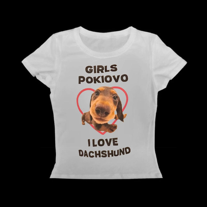 Camiseta Y2K de manga corta estilo callejero estilo Harajuku con estampado de perro salchicha americana, top Adelgazante y adelgazante para niñas picantes