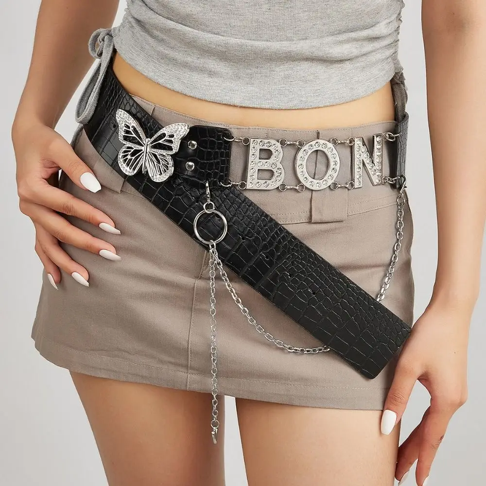 فريدة من نوعها بو الجلود حجر الراين أحزمة التوابل فتاة سلسلة فراشة الخصر سلسلة Y2K سبيكة حزام الجينز الزخرفية