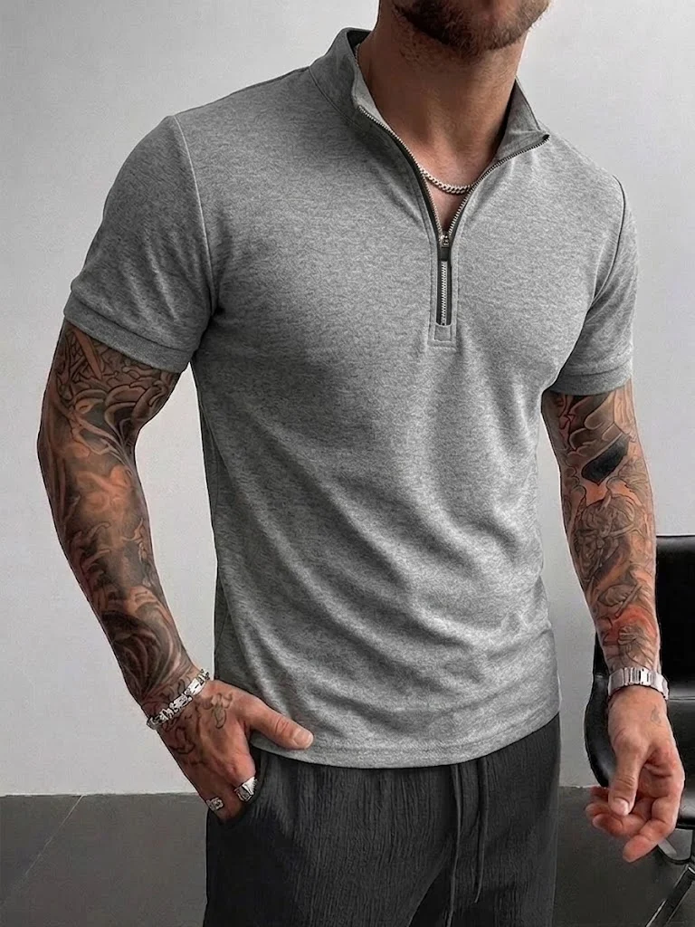 Light mature style half zipper stand up collar short sleeved polo men's slim fit gray T-shirt summer casual commuting top