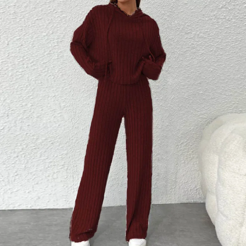 Women’s Ribbed Lounge Wear Sets Elegant casual Hooded Long Sleeve 2 Pieces set Lady fashion solid color Knitting Set outfit suit