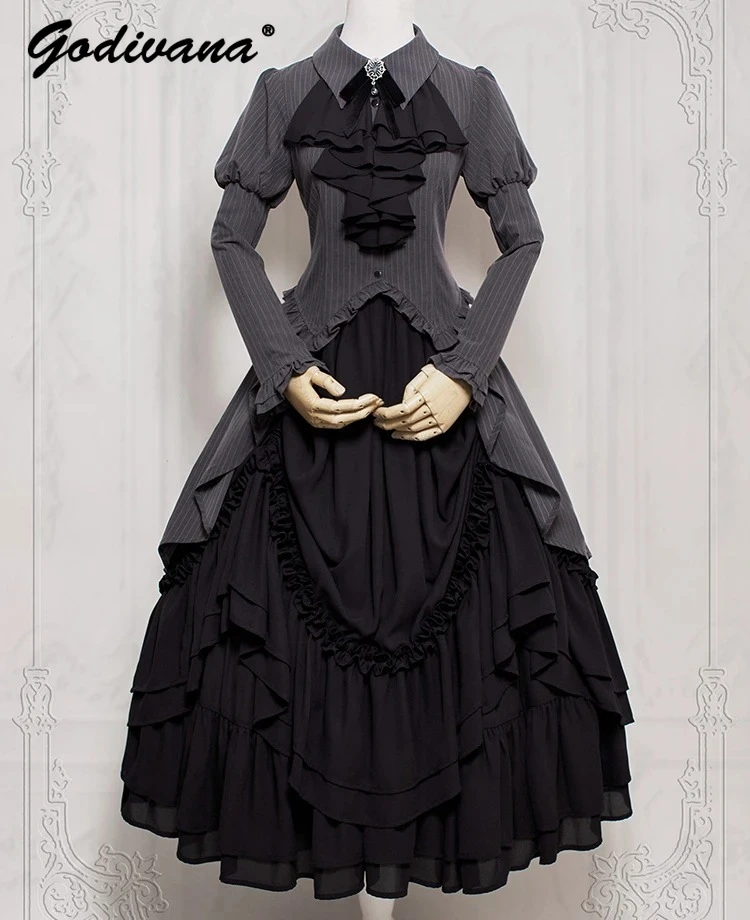 جديد الخريف القوطية المحكمة نمط المرأة الرجعية طويلة الأكمام مخطط يرتدى قميص لوليتا تنورة قطعتين مجموعة ملابس لوليتا الإناث