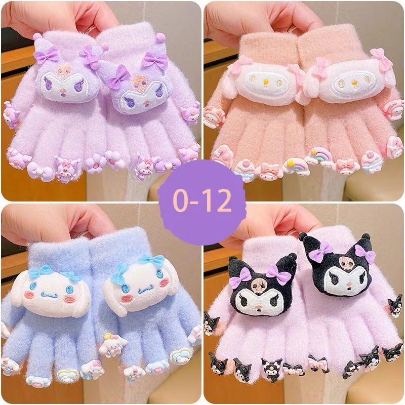 0-12 Year Sanrio Hello Kitty Gloves for Kids with Decor Doll Cute Kuromi Cold-Proof Winter Keep Warm Finger Gloves Girls Gifts