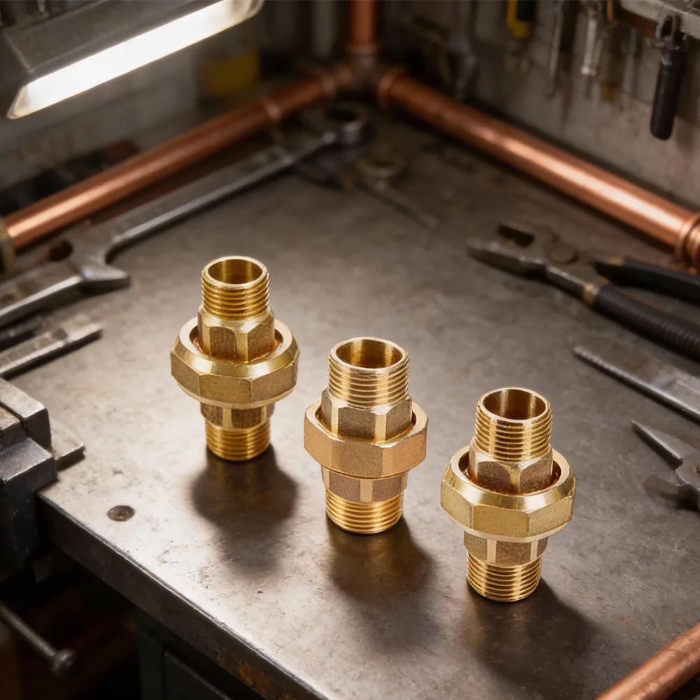 External threaded brass fitting set for connecting pipes in industrial residential and commercial fluid handling applications