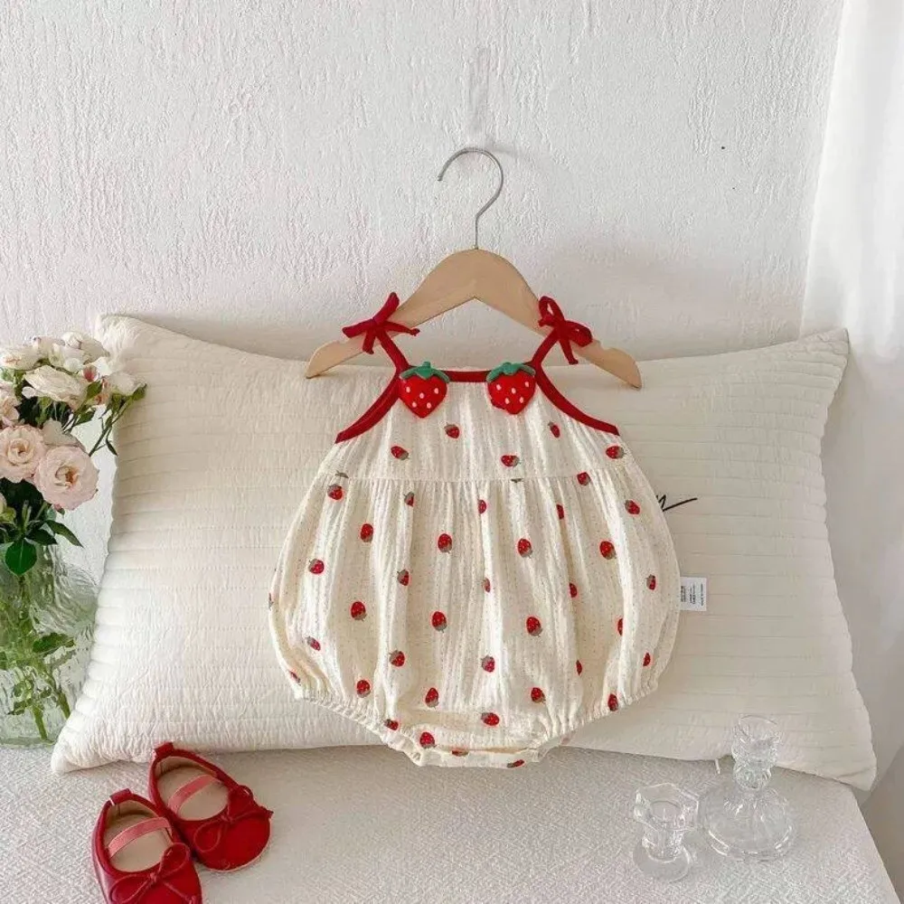 Cute Strawberry Printed Sling Jumpsuit Sweet Bow Thin Romper Clothes Girl