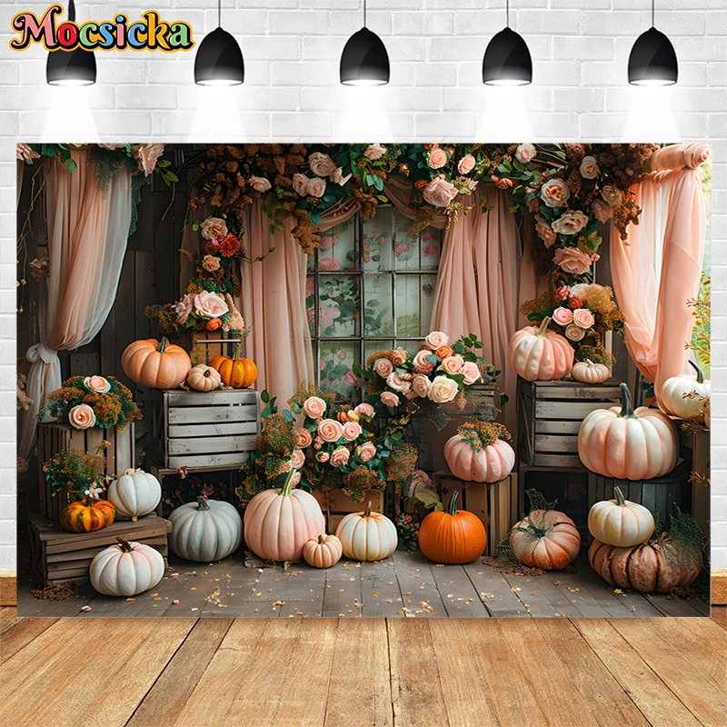 Mocsicka Photography Background Spring Pumpkin Floral Curtains Decor Baby Shower Adult Kids Portrait Backdrop Photo Studio