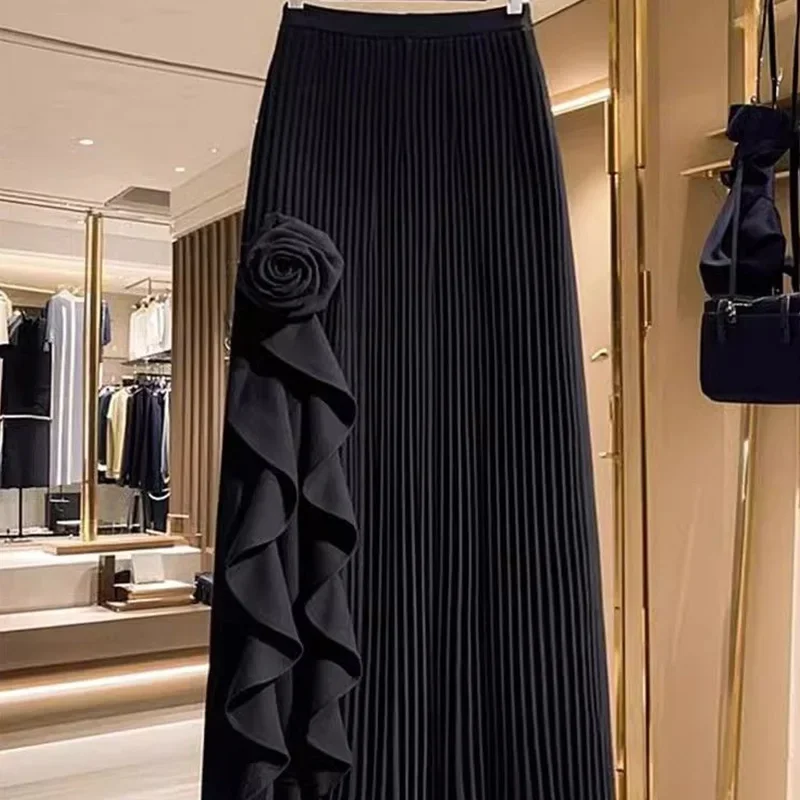 New French 3D Floral Ruffles Skirt Women Fashion Elegant High Waist Casual Solid Color Party Skirts Spring Summer Jupe