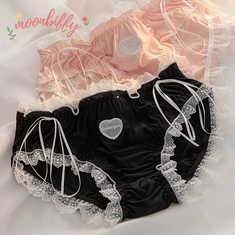 Cute Lolita Love Lace Girl Underwear Summer Thin Ice Silk Wrap Buttock Section Sexy Cool Cotton Sexy Breathable Women Briefs