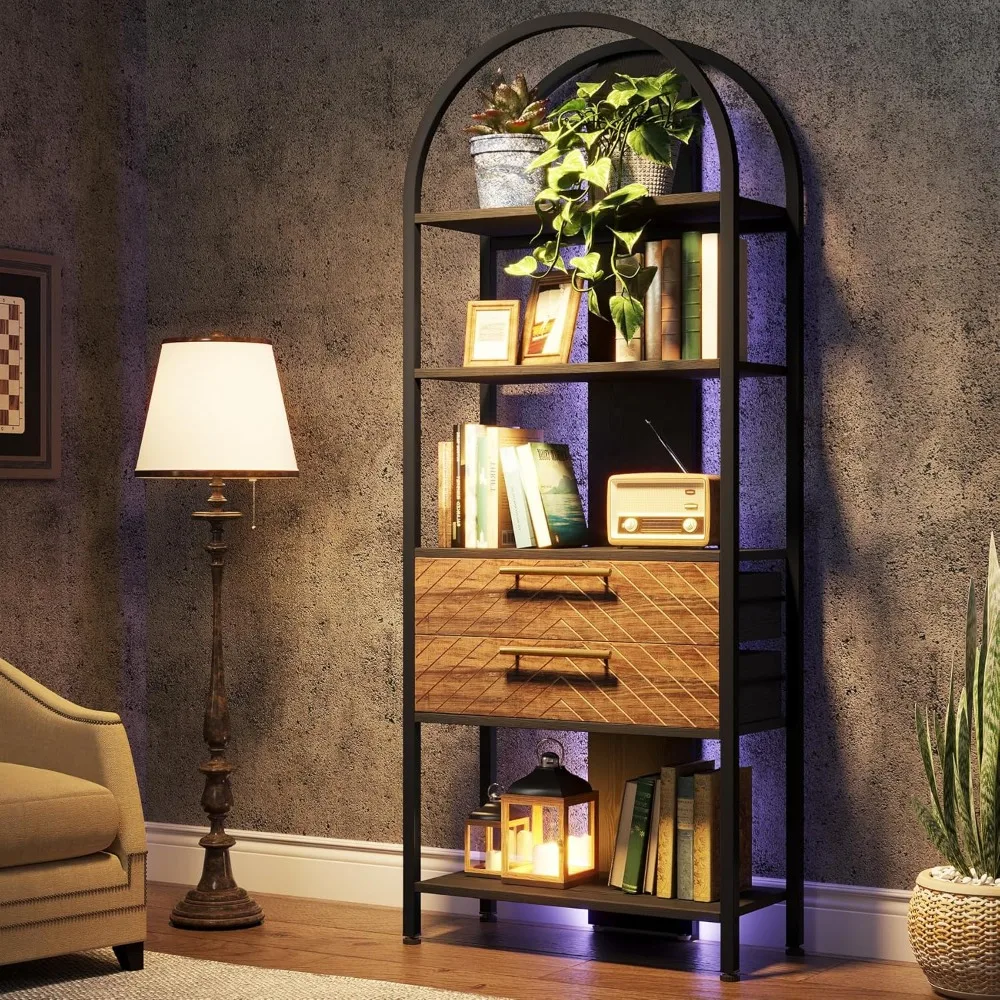 

4-Tier Bookshelf with 2 Drawers, Industrial Open Book Shelf Arched Bookcase, 70.8 Tall Storage Shelves Display Rack w