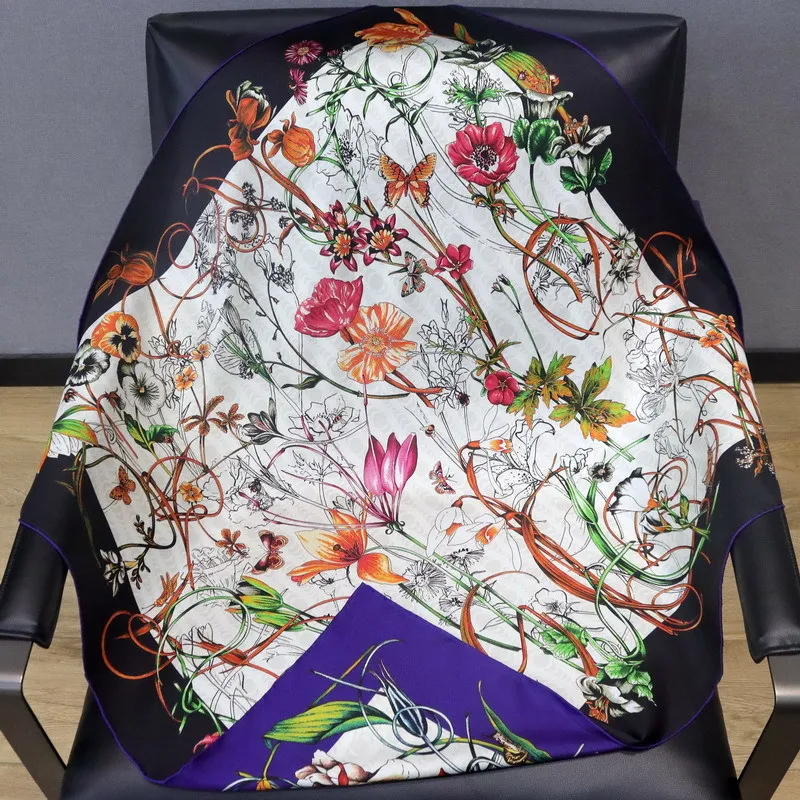 

High-end Elegant Women Fine Floral Branch Vine Double-sided Print Quality 18MM Twill Silk Hand Rolled Edge Square Scarf Shawl