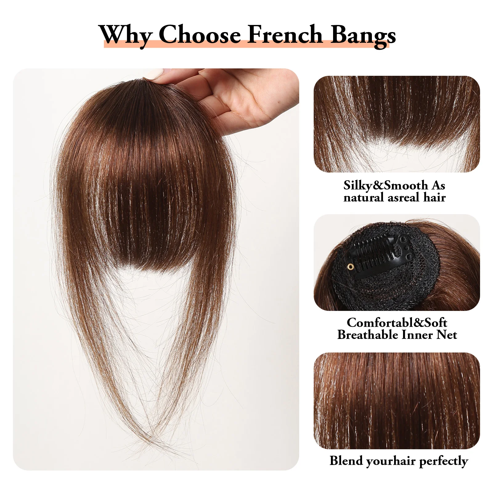 Brown Human Hair Bangs OverHead Clip in Hair Extensions Blunt Cut Natural Hair Bangs Fringe Hairpieces for Women in Air Bangs