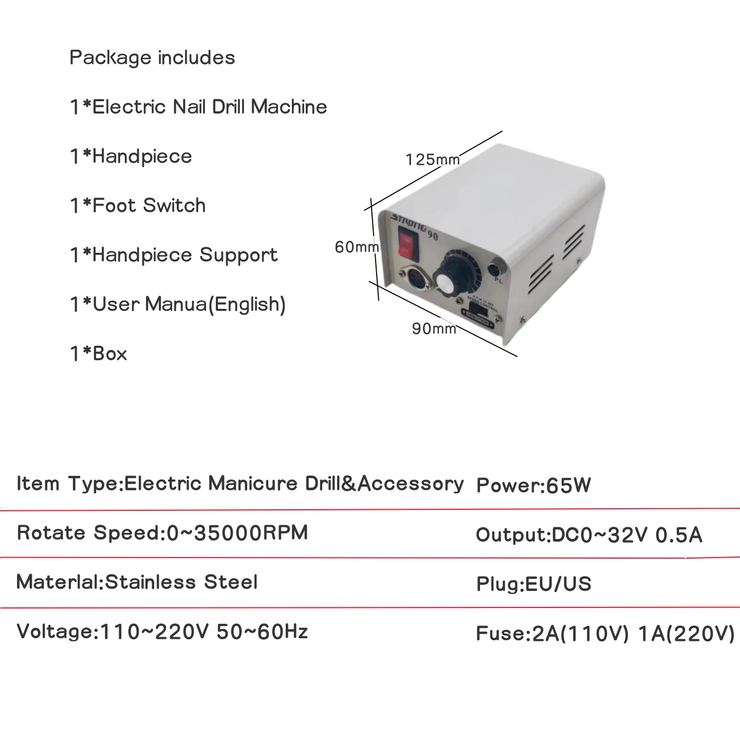 Taladro eléctrico para uñas, dispositivo profesional para manicura y pedicura, 65W, 90, 40000rpm, mango fuerte de 102L