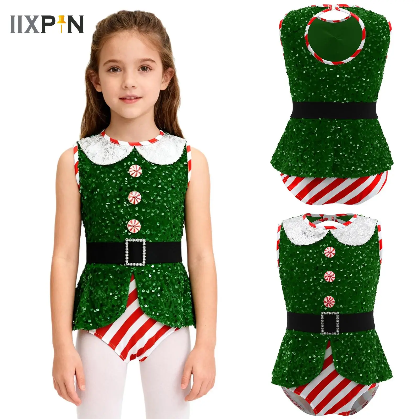 Kids Girls Candy Cane Striped Sequins Ballet Dance Skirted Leotard Unitard Dress Moden Jazz Latin Performance Dancewear Costume