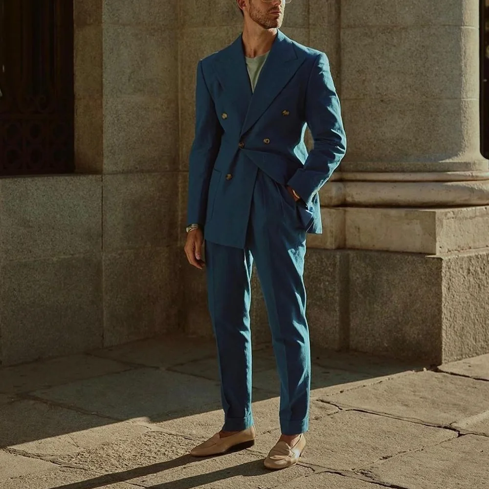 Dark Blue Men's 2 Piecs Suits Jacket Pants High Quality Wedding Groom Suits Business Dinner Party Male Clothing