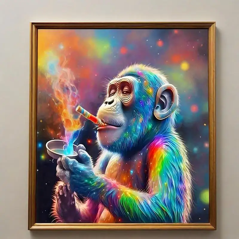 1pc Fantasy Chimpanzee Wall Art: Rainbow Fur Primate with Cosmic Smoke & Galaxy | Psychedelic Decor Frameless