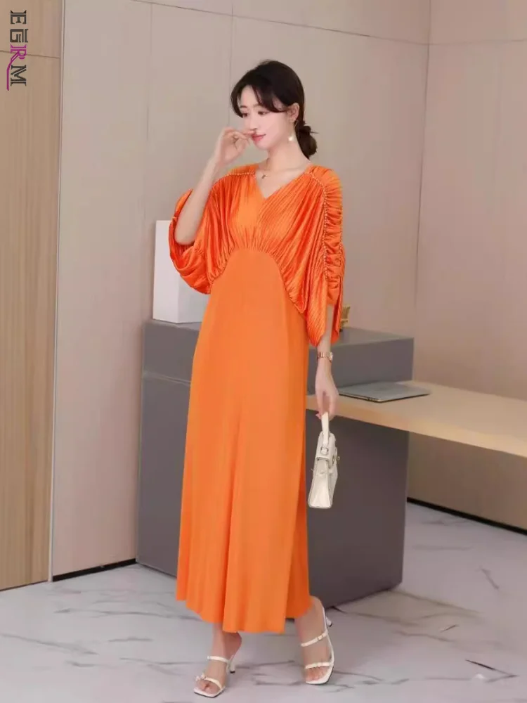 EGRM Pleats Pleated Dresses 2024 French High End Batwing Sleeves Splicing Premium Color Age Reducing Dresses Women 2RM1900