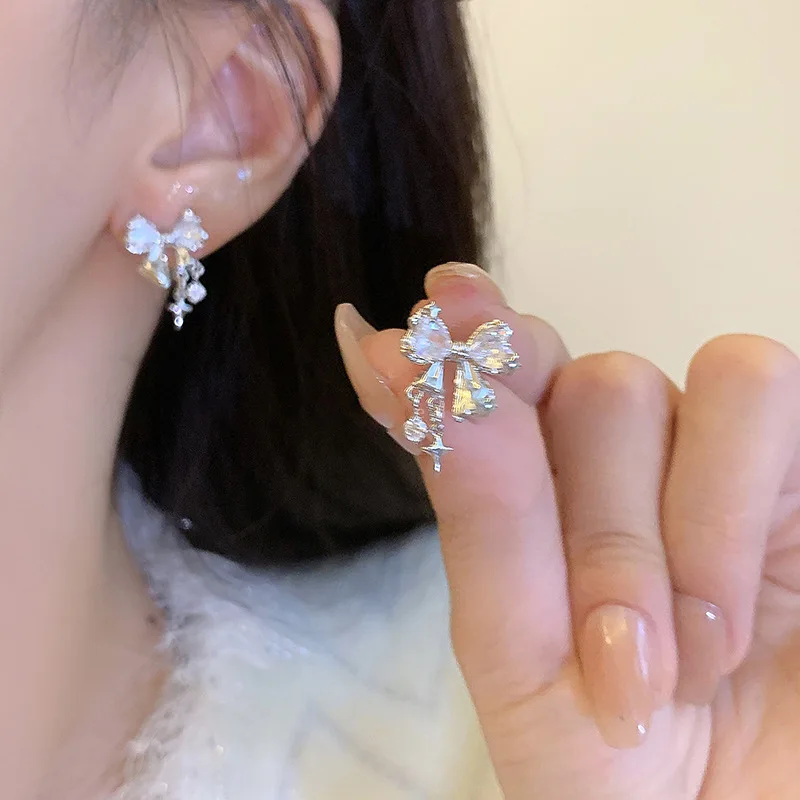 Pink Four-pointed Star Zircon Bow New Y2K Stud Earrings Personality Fashion Cool Light Luxury High-end Earring for Women K1