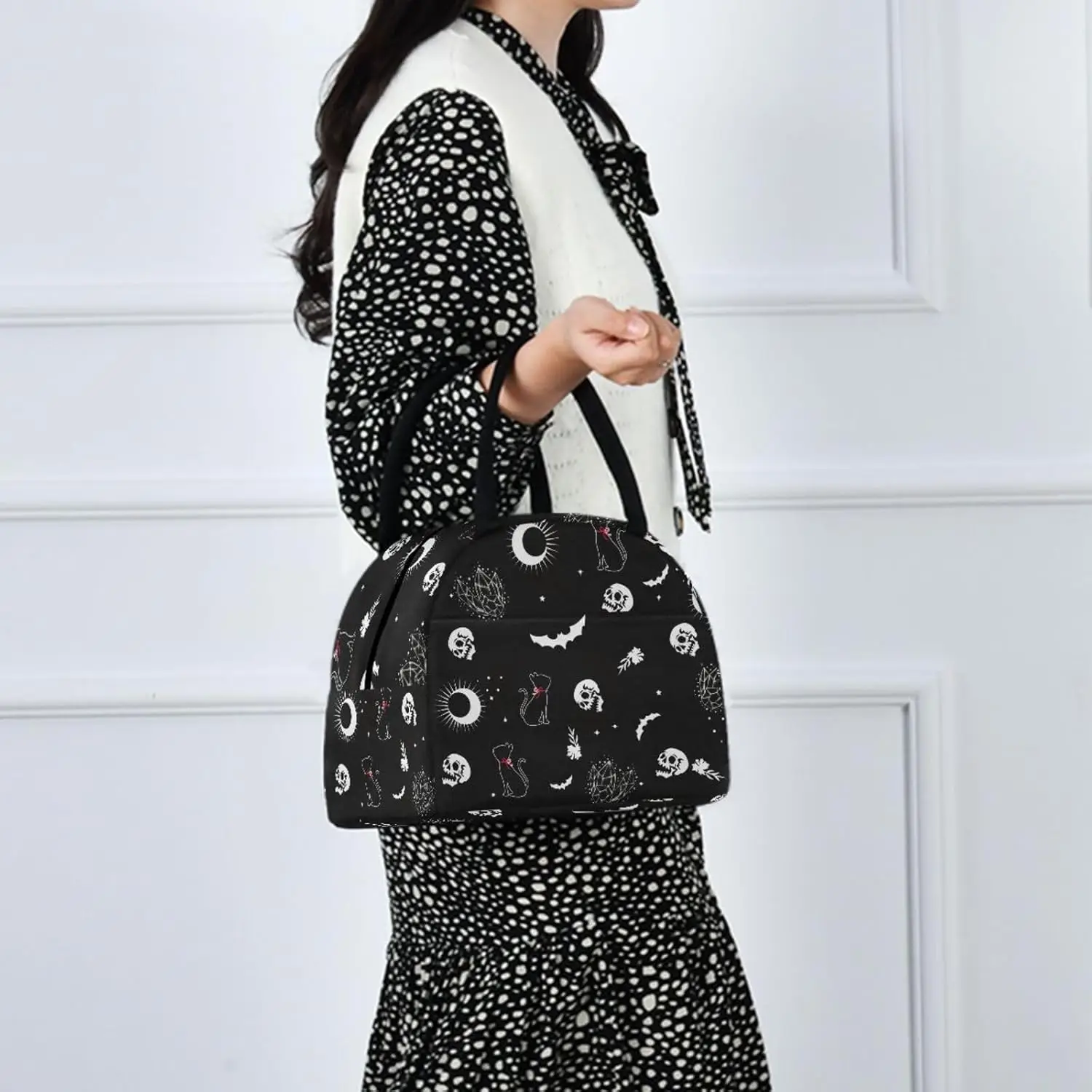 Isolierte Lunchtasche mit Totenkopf-Motiv, Katze und Mond, Gothic, für Reisen, Picknick, langlebige Taschen, Einkaufsbox für Frauen, Büro, Arbeit, Schule, Picknick, Wandern