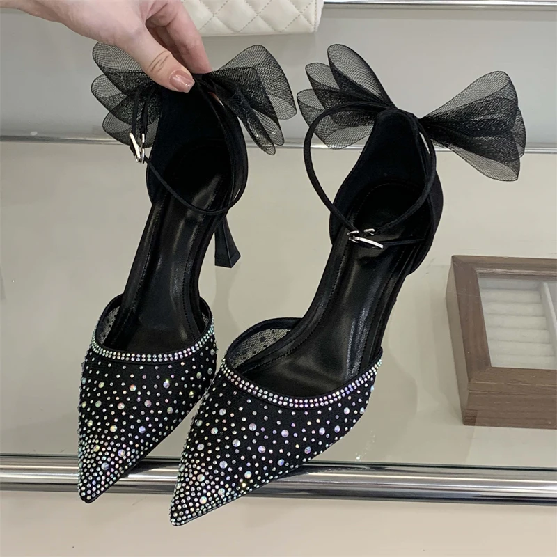 

Туфли-лодочки Aneikeh черные, модные, сексуальные, остроносые, роскошные, со стразами, с бабочкой на заднике, для свадьбы, женские, на высоком каблуке, для банкетов и выпускных вечеров, летние