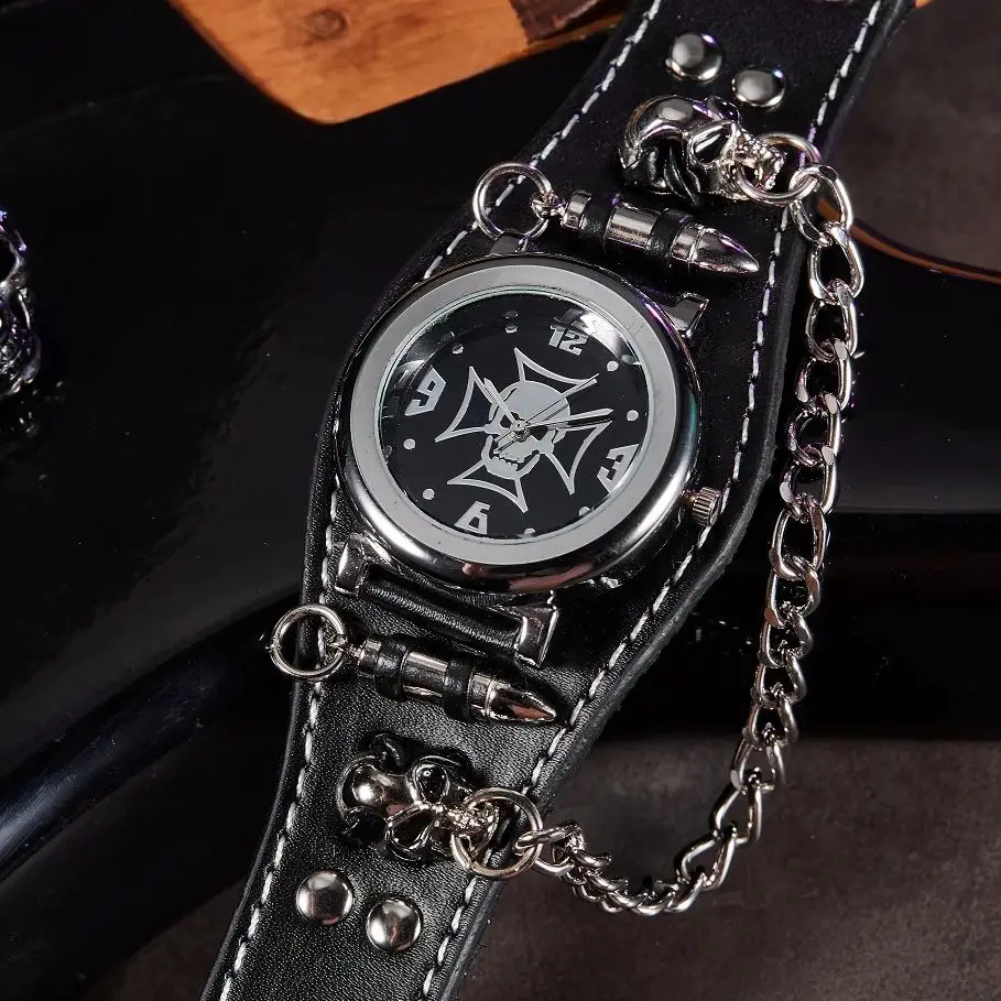 Hot New Men Punk Skull Black Leather Bracelet Wrist Watches Watch Hours for Men Relogio Masculino