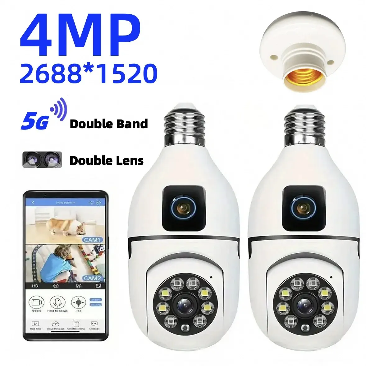 5G Dual-band 4MP Duel Screens Duel Lens Light Bulb Camera Night Vision Two Way Voice AI Human Detection Yiiot E27 WiFi Camera
