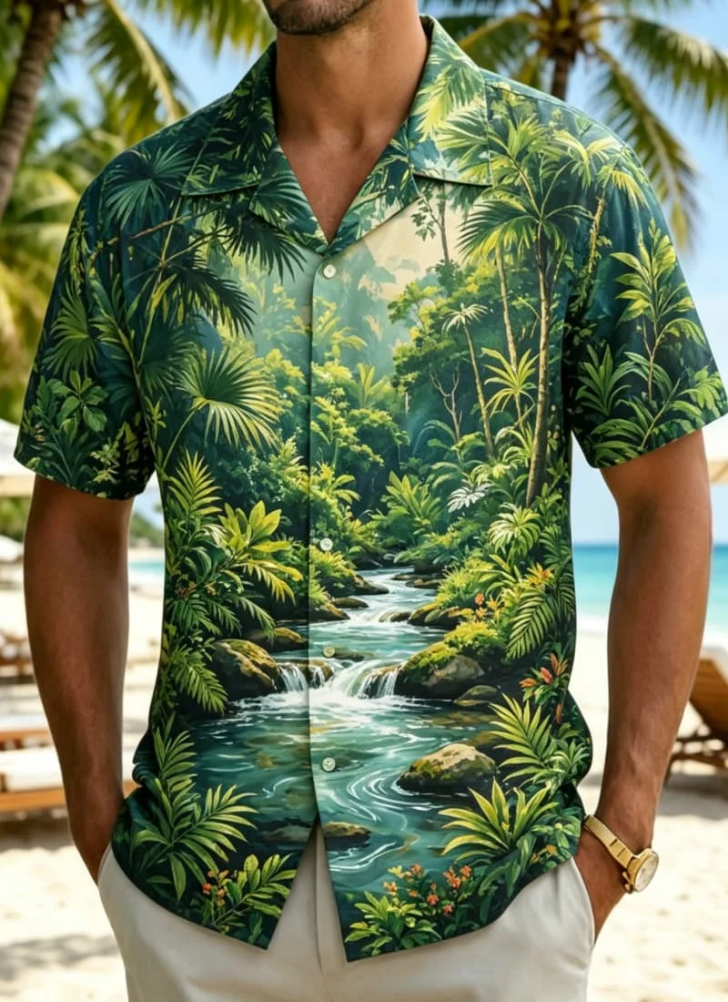 Men's natural landscape printed  shirt, featuring an exotic natural style,  for summer vacations,  daily outings, casual wear