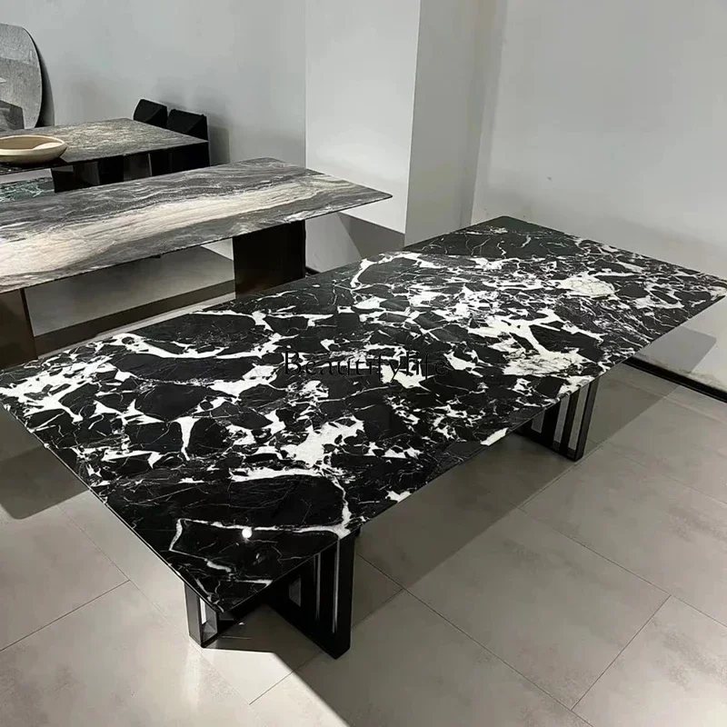 

ls 18-*Black natural marble dining table Italian household rectangular light luxury high-end industrial style dining table