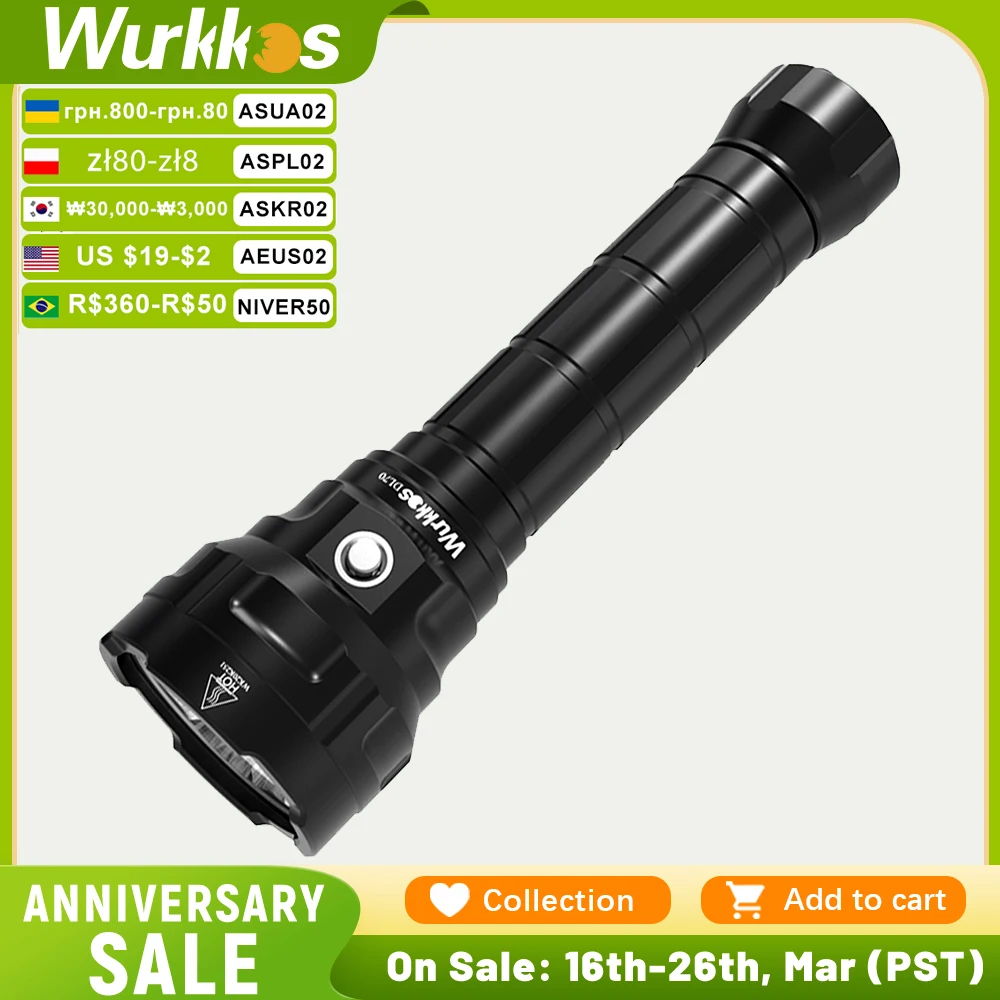 Wurkkos DL70 Scuba Diving Flashlight High Power 13000LM Searchlight IPX8 Waterproof 4*XHP50B LED Lamp 2*26650 Underwater Lantern