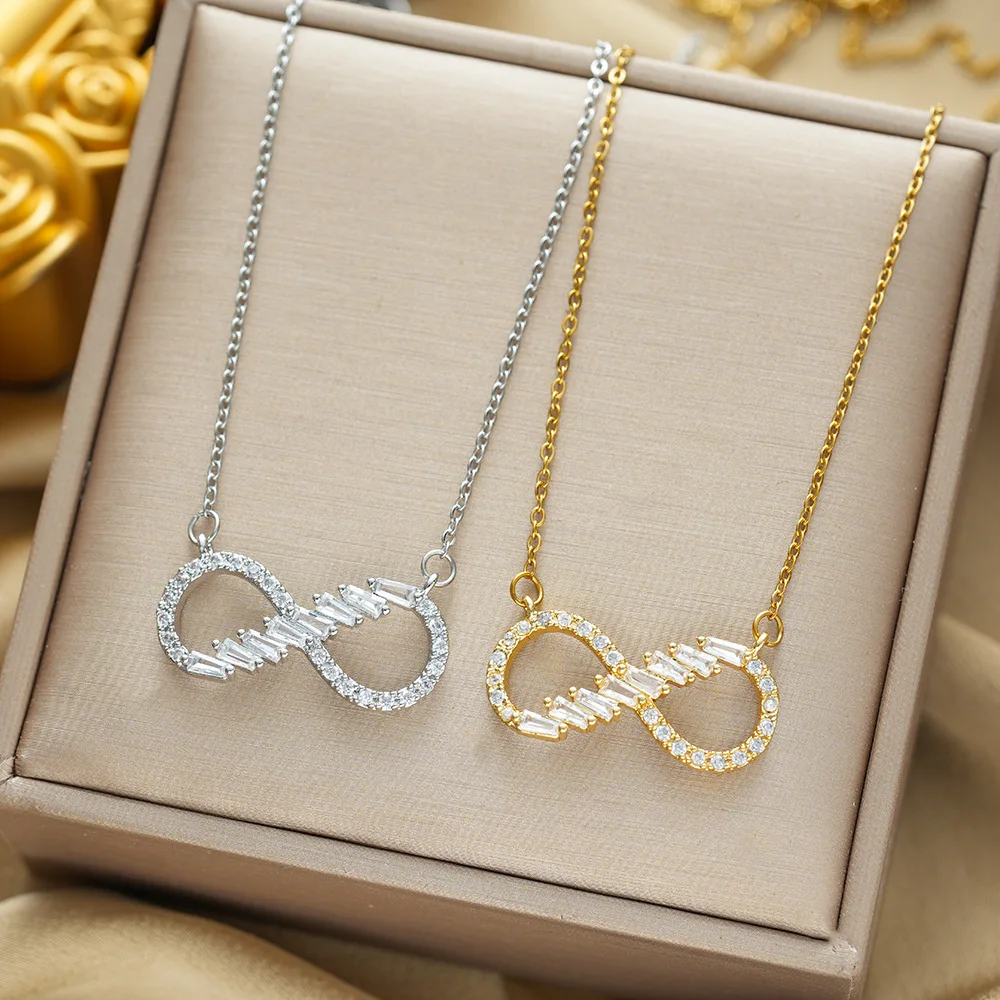 Stainless Steel Chain Romantic Zircon Infinite Symbol Pendant Necklaces for Women Girls Trendy Charm Accessories Jewelry Gifts