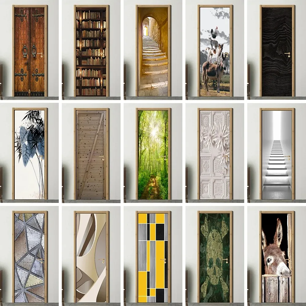 

3D Retro Bookshelf Stairway Door Sticker Self Adhesive Wall Art Mural Wallpaper Full Door Wrap Cover Poster for Home Room Decor