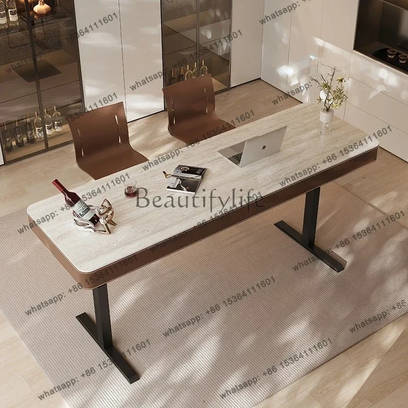 

Retro Travertine Rock Slab Electric Lifting Bar Table Household Computer Desk Office Dual Motor Lifting Table