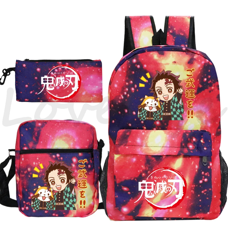 Anime Demon Slayer Kamado Tanjiro Backpack 3pcs/set Boys Girls Students Top Quality Bookbag Funny Cartoon Children School Bags