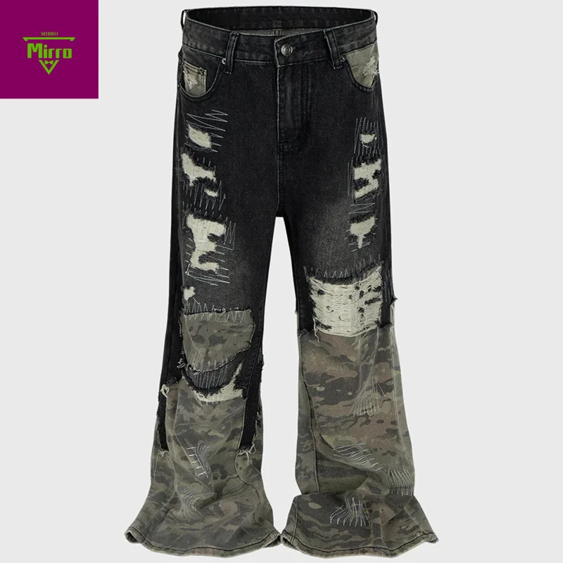 Camuflagem retalhos jeans vintage rasgado emenda azul queimado calças jeans homens streetwear hip hop azul baggy calças jeans