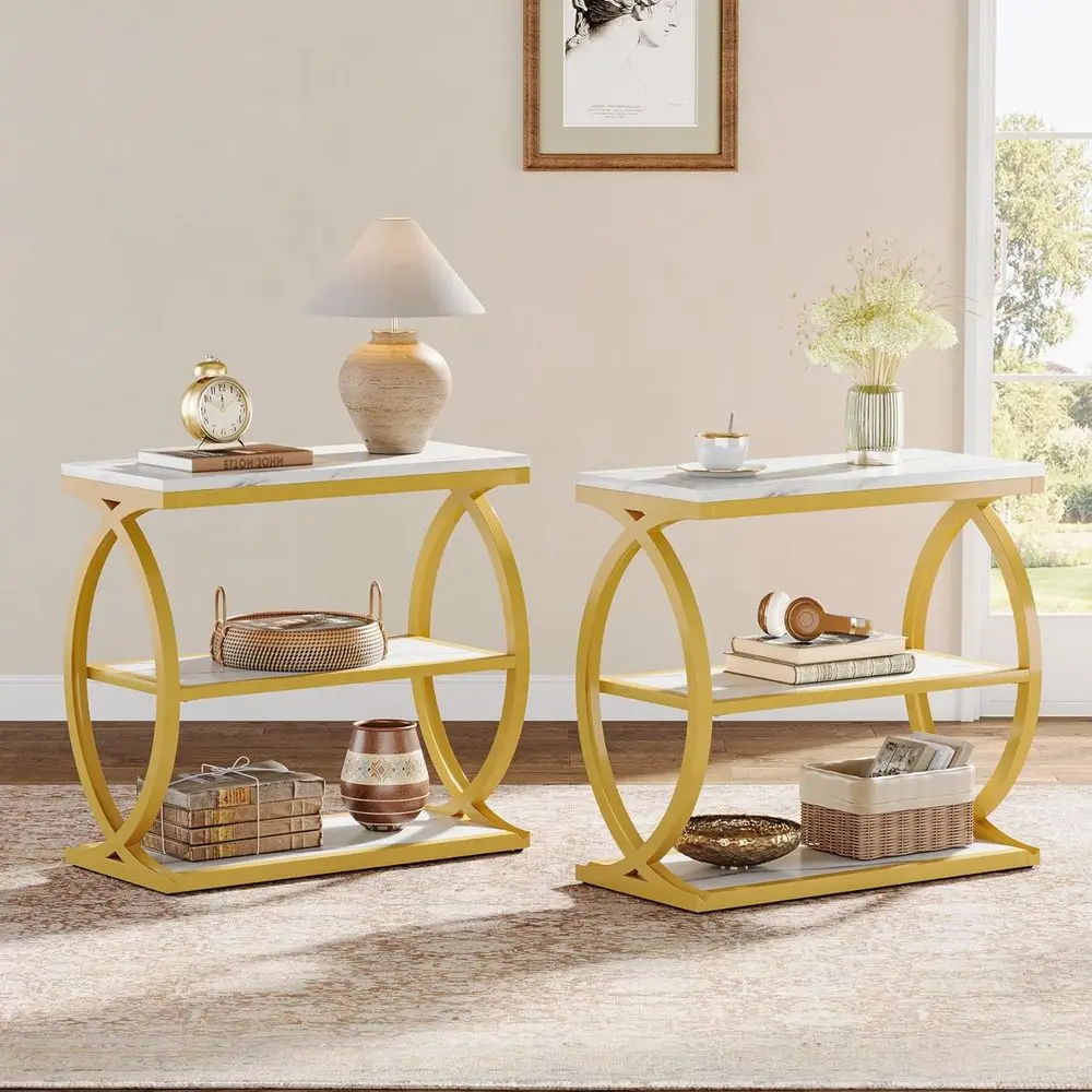 

End Table Set o 2, Narrow 3-Tier End Table or Living Room, Industrial Wooden Side Table with Metal e, Small Bede Nightstand or B