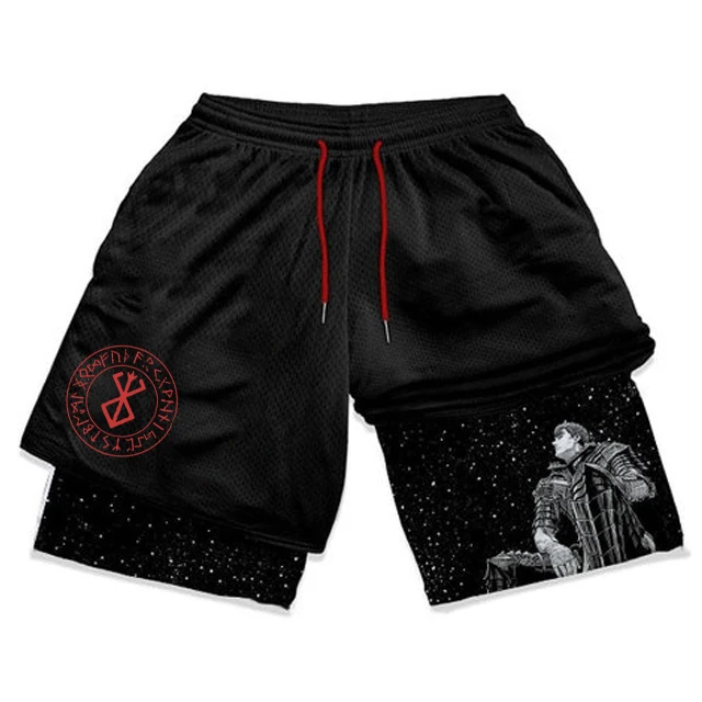 Men\'s Anime Shorts Berserk Manga Print 2 in 1 Gym Shorts Compression Stretchy Sports Shorts Quick Dry Fitness Workout Summer