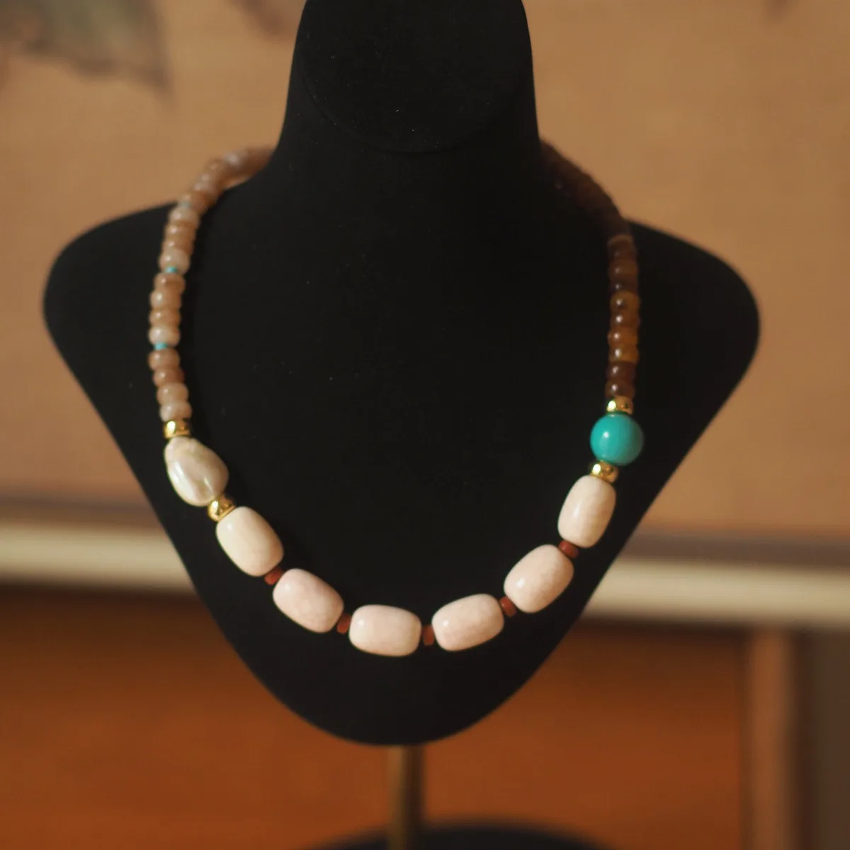 

French retro design European and American style colorful beaded necklace with multi-color artificial crystals and pink turquois