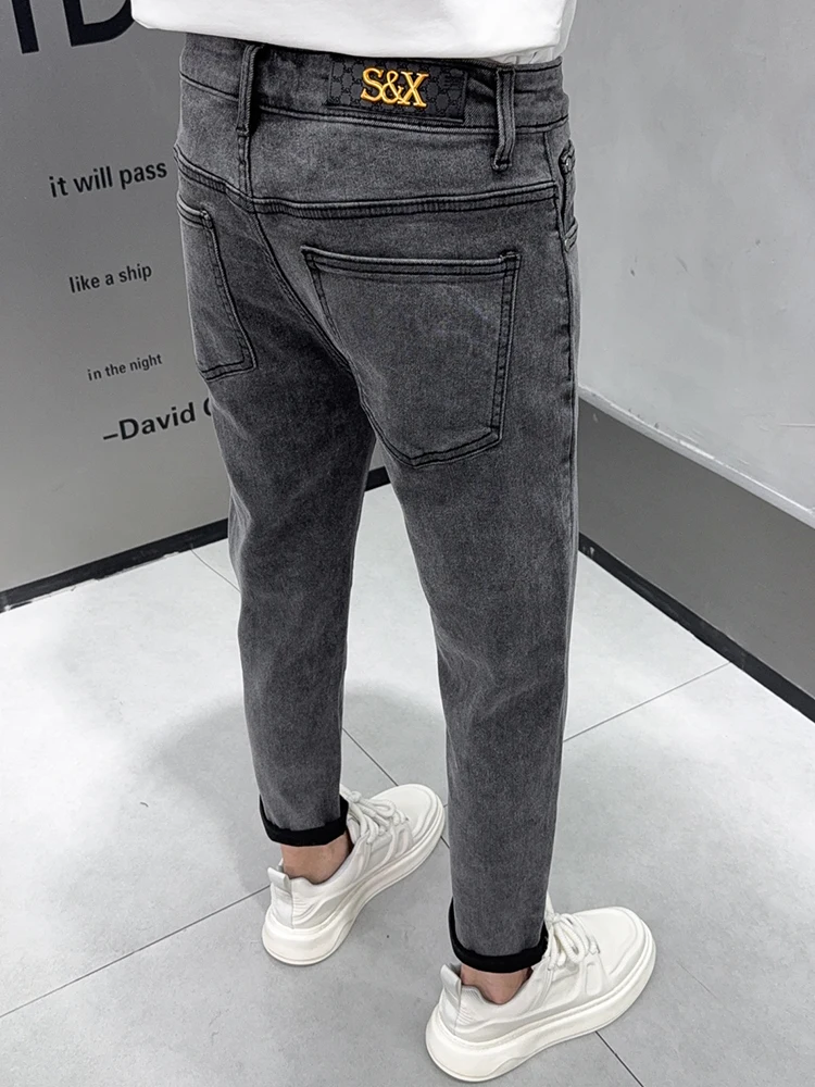 

Retro American Denim Jeans Men's Autumn Winter Trendy Brand Haome Slim Elastic Bla ey Casual Faion Versatile Nine-Pi...