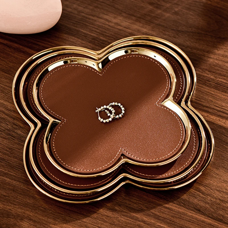 Ceramic Leather Storage Tray Four-leaf Clover Jewelry Plate Entrance Key Sundry Storager Organizer Home Decoration Ornaments