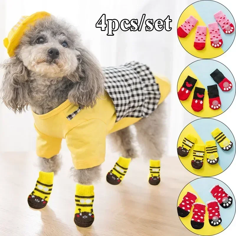 

4pcs Spring Winter Warm Anti Slip Socks Puppy Dog Socks Soft Pet Knits Socks Cute Cartoon Puppy Shoes Small Medium Dogs Product