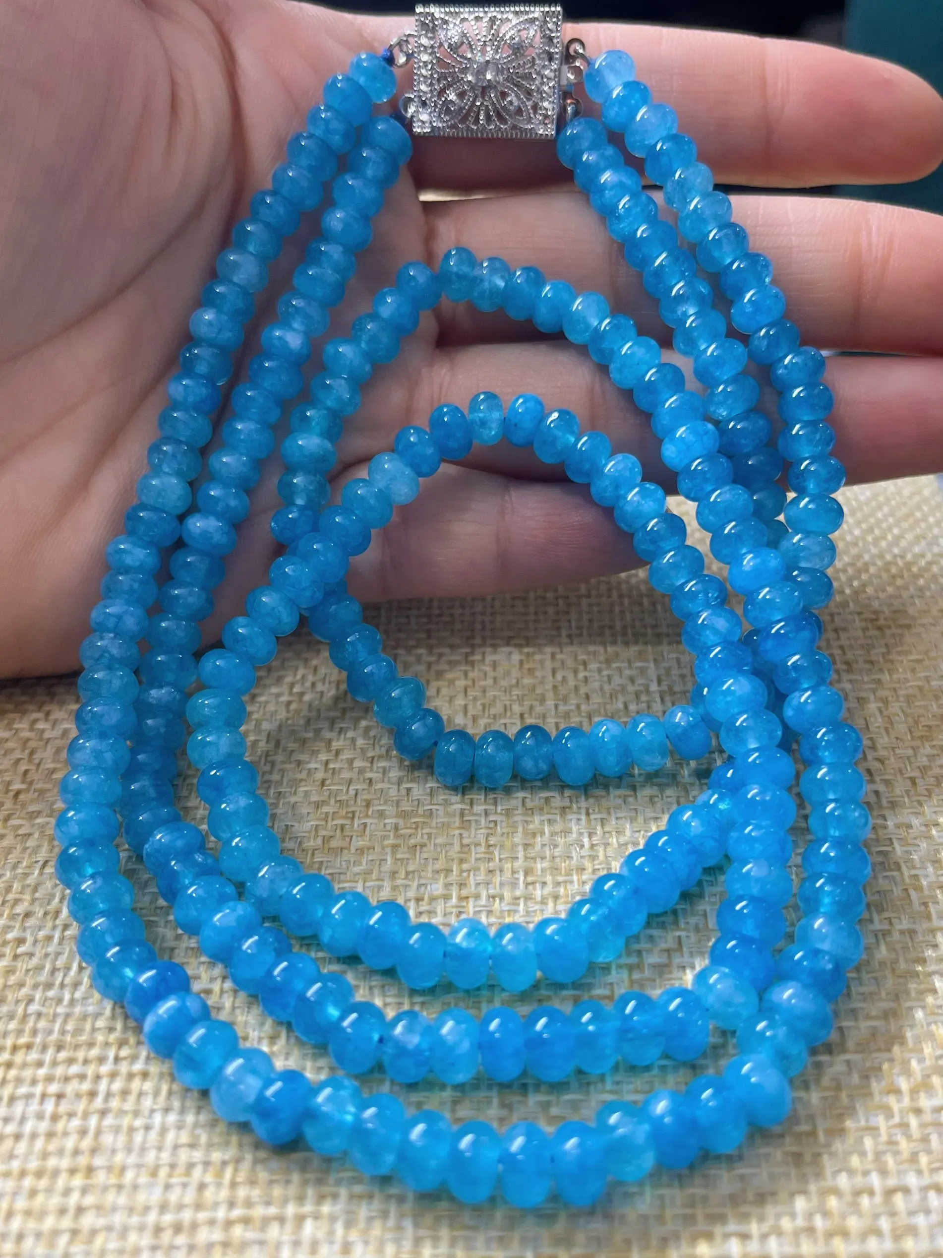 AAA Natural Paraiba Smooth 2row 4x6mm Blue jade Rondelle shape Gemstone beads necklace 18