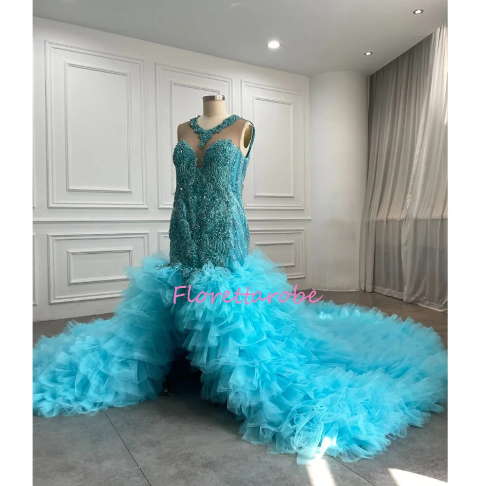 

Luxury O-Neck Prom Dresses Sparkly Beads Sequin Gowns For Women Ruffles Gala Wedding Gowns Evening Dress Plus Size Customized