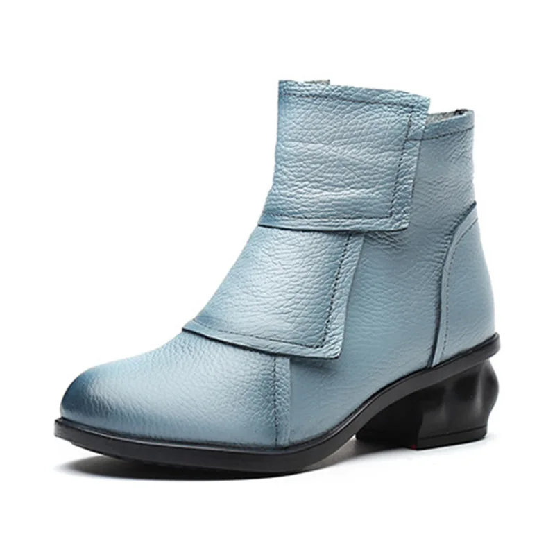 Retro Waterproof Ankle Boots for Women Genuine Leather Blue Square Heels Vintage Comfortable Luxury Heeled Shoes