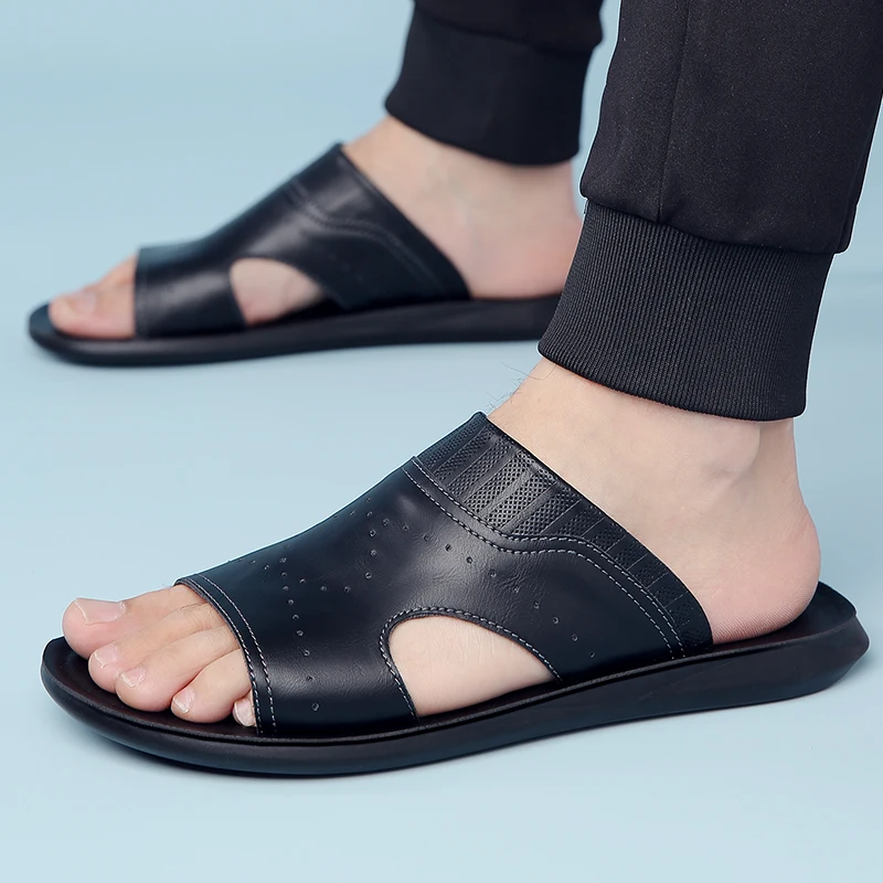 

Handmade Wide Width Sandals Ventilated leather Design Non-Slip Sole Summer Casual Footwear outdoor men slippers big size 48