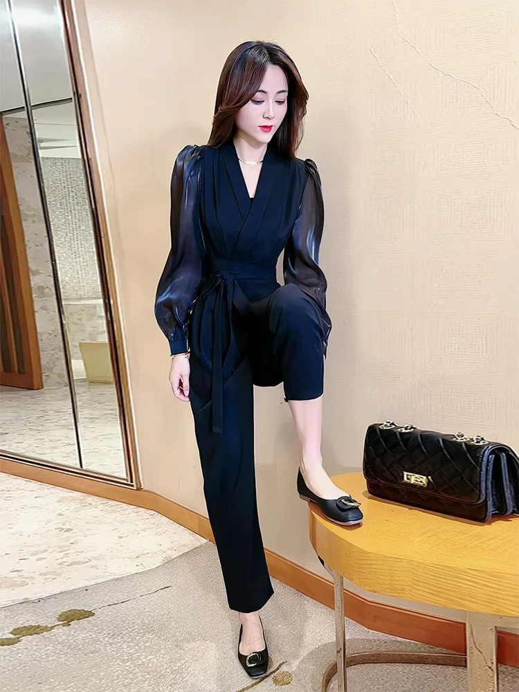 Ele Kombinezon z wysokim stanem dla kobiet, wiosna-jesień, nowy, modny zestaw w stylu streetwear, wyszczuplający, patchworkowy strój z spodniami.