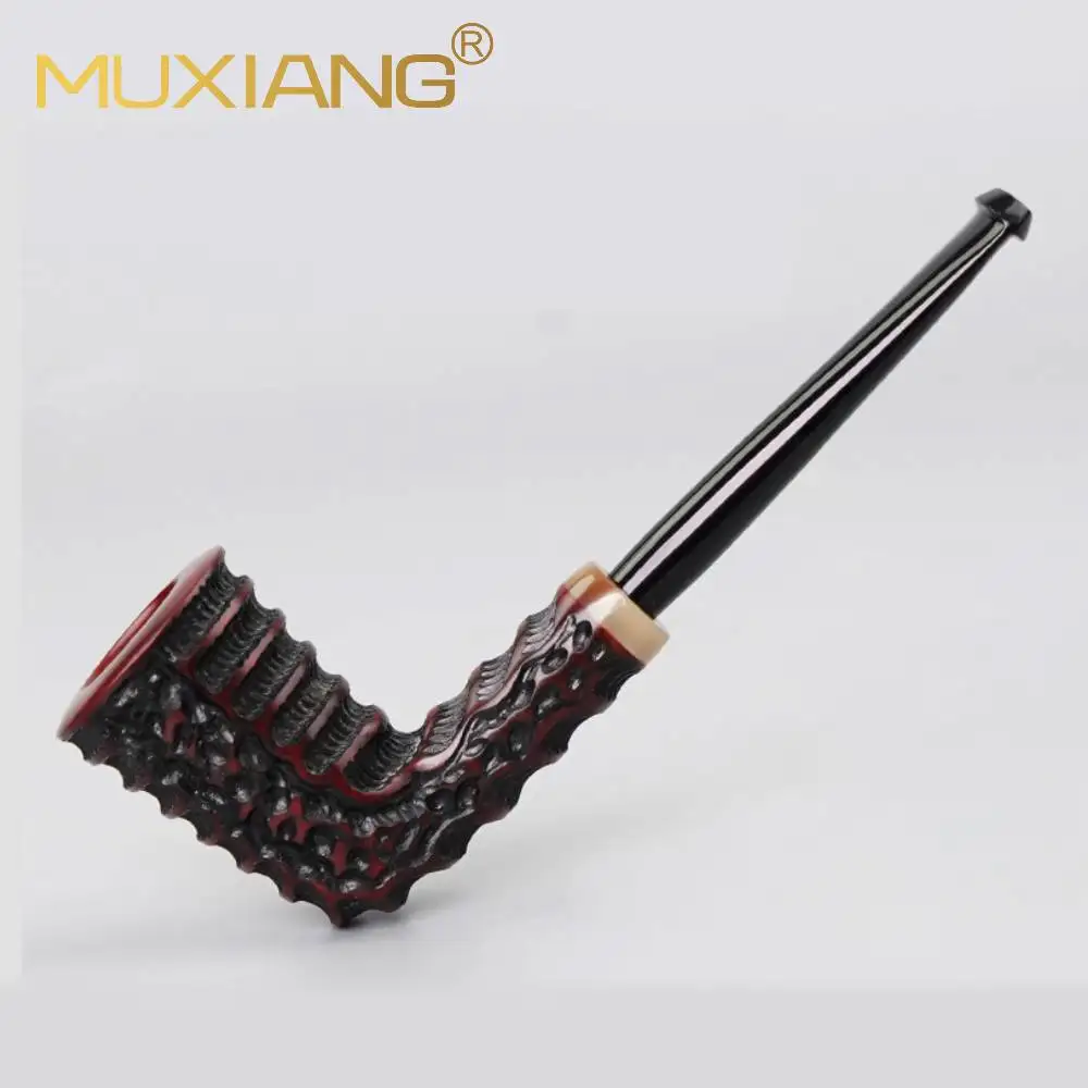 MUXIANG Hand Carved Briar Wood Tobacco Pipe Dark Base Red Grain Cumberland Mouthpiece Filterless