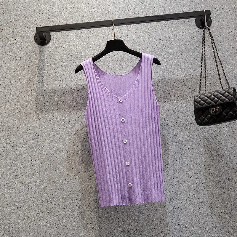 Dorywczo dzikie jednokolorowe damskie lato Camisole najniższy dzianiny lodowy jedwab Top bez rękawów V-Neck kamizelka dzianin H437