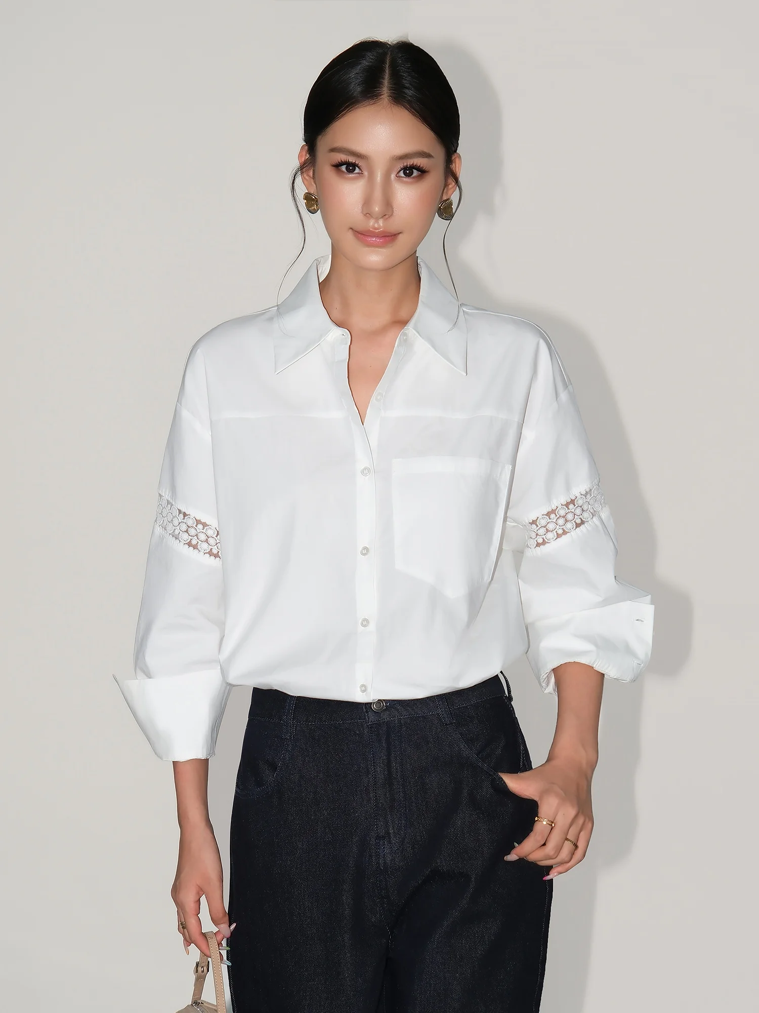 

NEVA HU Women's Loose Fit Pure Cotton irt Hollow out Lace Splicing Breathable Long Sve Commute Sle White Top