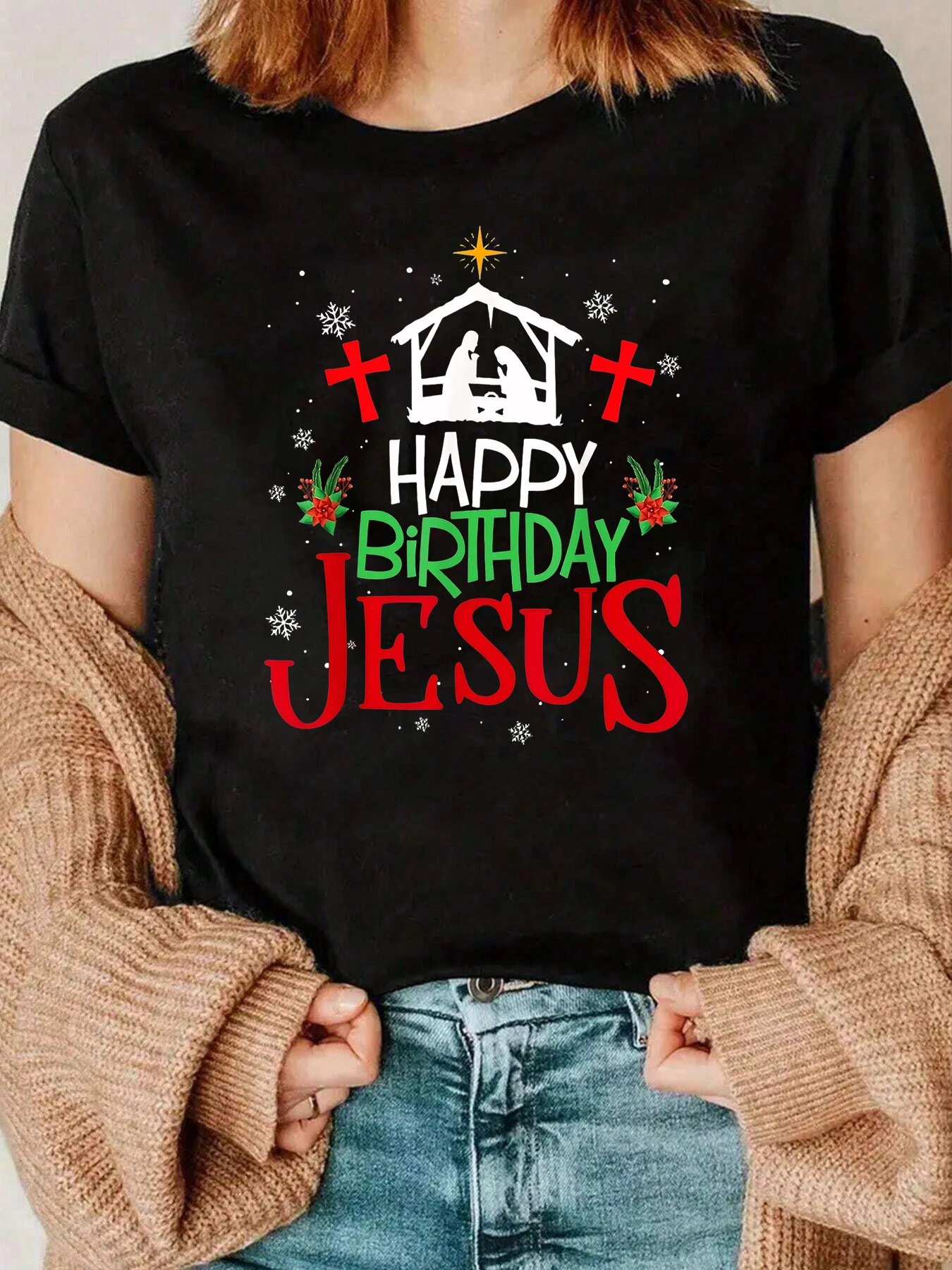 

Happy Birthday Jesus Nativity Scene Christmas T-Shirt Holiday Wear Women 220g