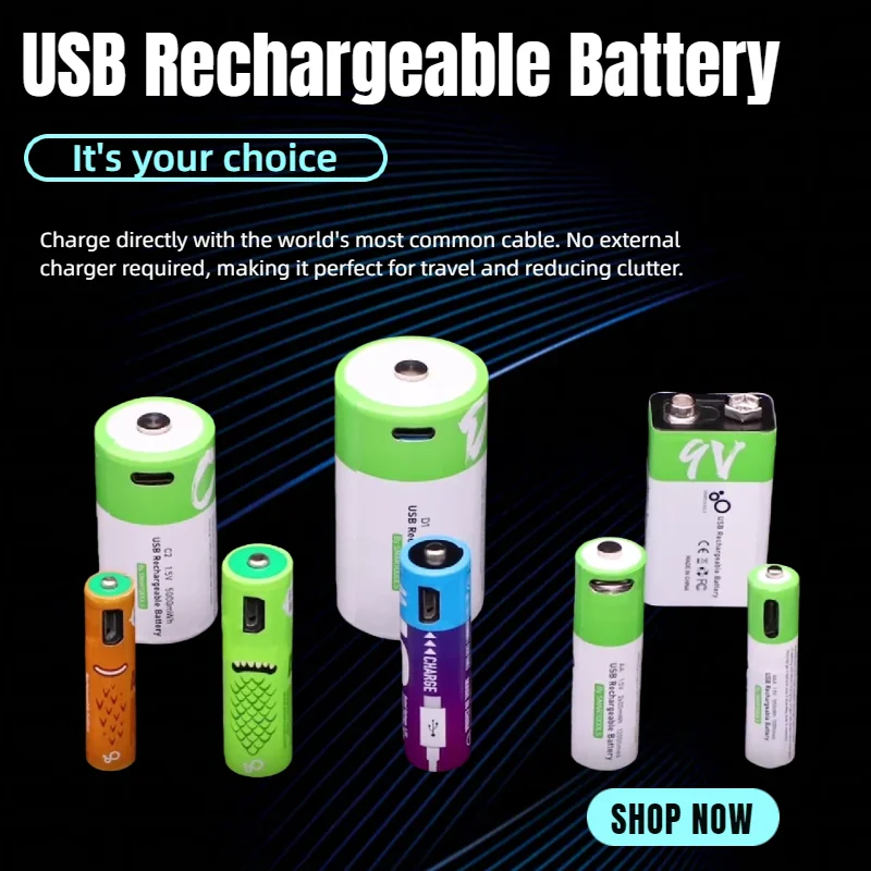 

Rechargeable Batteries USB C Fast Charge: AA 2600mAh, AAA, 9V, C, D Size Li-ion Battery with Charging Cable All in One