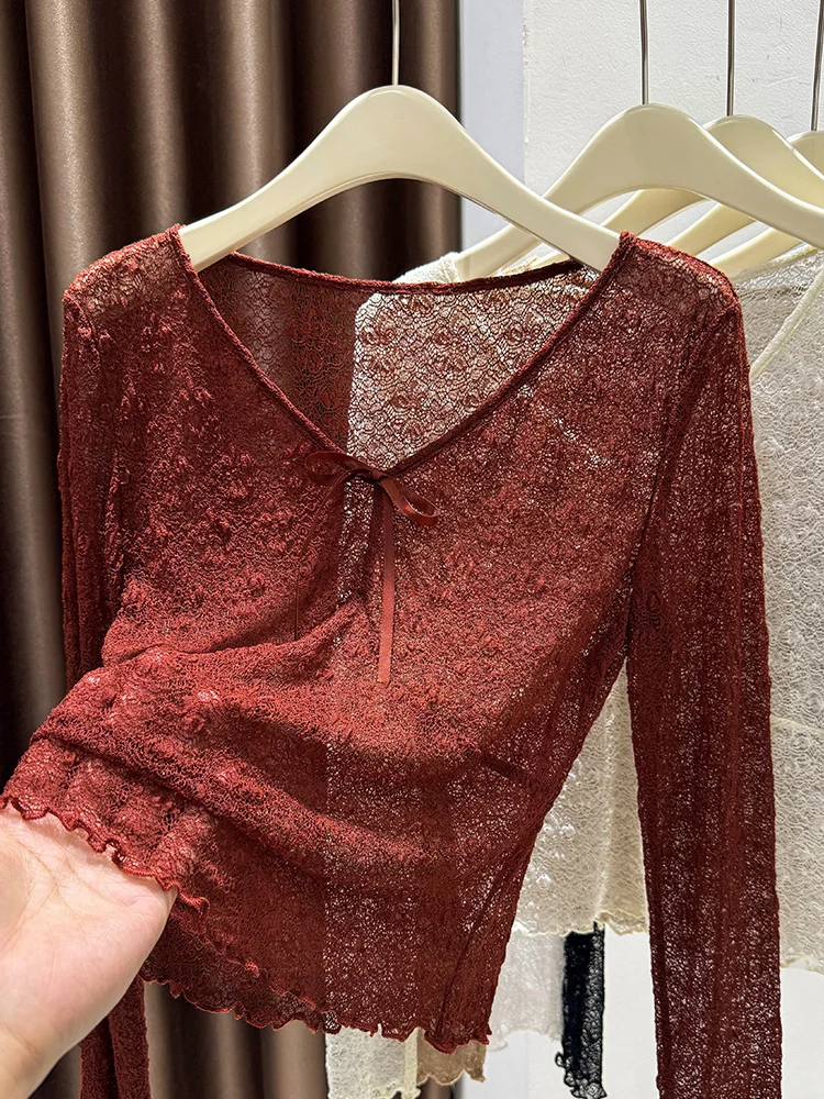 

Ele V-ne Hollow out Lace Base irt Women Spring Autumn Knot Thin Me Inner Wear Small Net irt